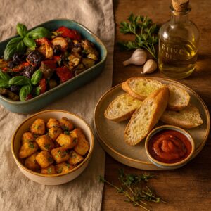 Vegetarische Escalivada met gegrilde paprika, aubergine en Patatas Bravas – gerecht uit de Chef-le-Chef vegetarische maaltijdbox.