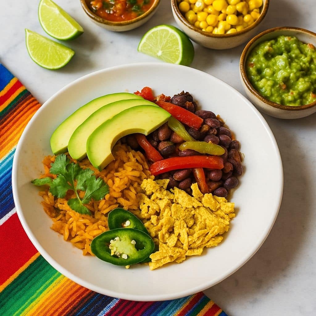 Vegetarische Mexicaanse Zwarte Bonen Bowl met rijst, paprika, avocado, salsa en tortillachips geserveerd in een kom op een licht marmeren tafel