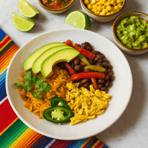 Vegetarische Mexicaanse Zwarte Bonen Bowl met rijst, paprika, avocado, salsa en tortillachips geserveerd in een kom op een licht marmeren tafel
