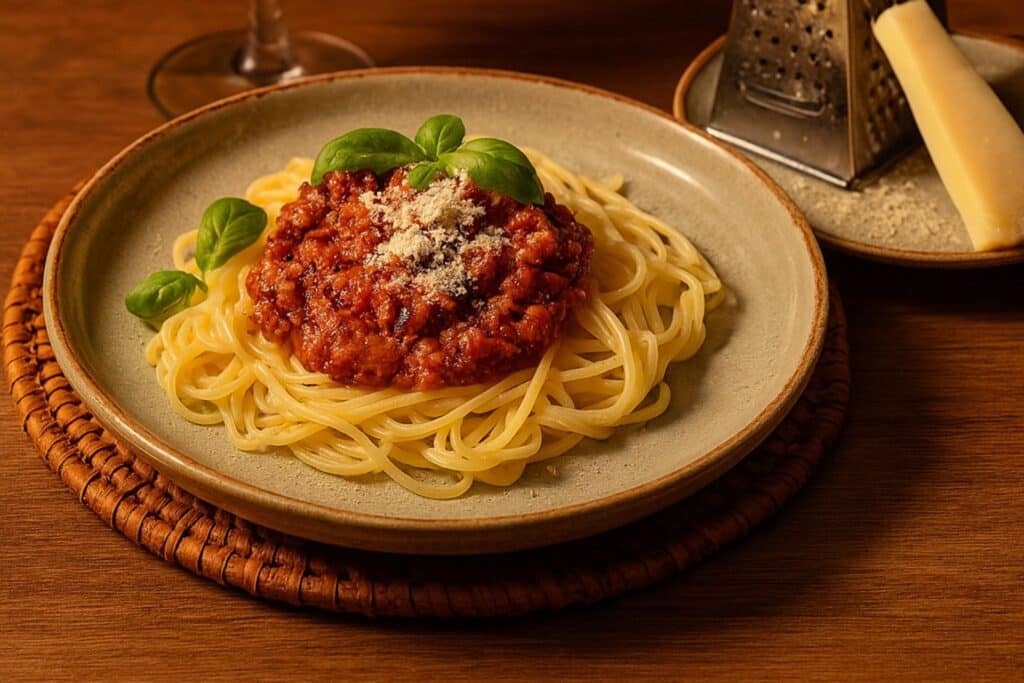 Vegetarische spaghetti bolognese met plantaardige balletjes – kindvriendelijke Chef-le-Chef maaltijdbox klassieker vol smaak en groenten.
