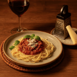 Vegetarische spaghetti bolognese met groene groentesaus, basilicum en Parmezaanse topping – Italiaanse klassieker uit de Chef-le-Chef vegetarische maaltijdbox