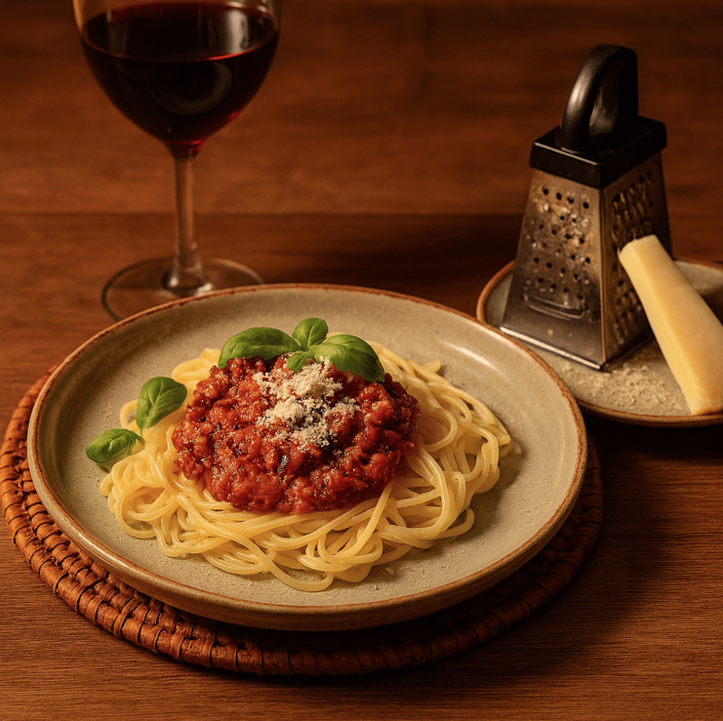 Vegetarische spaghetti bolognese met groene groentesaus, basilicum en Parmezaanse topping – Italiaanse klassieker uit de Chef-le-Chef vegetarische maaltijdbox