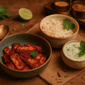 Vegetarische Indiase tikka tandoori met geroosterde groenten, Indiase kruiden en rijst – exotisch gerecht uit de Chef-le-Chef vegetarische maaltijdbox
